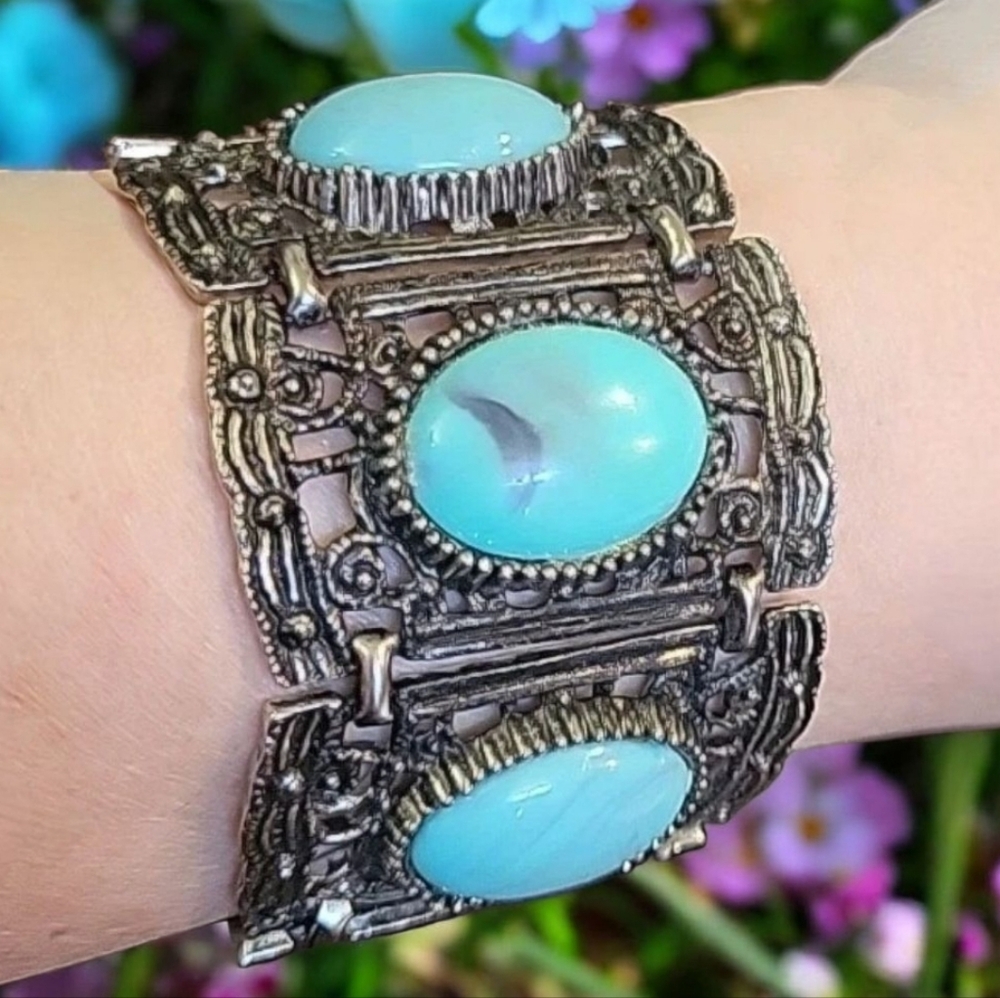 VTG Chunky Wide Faux Turquoise Marbled  Wide Panel Link Bracelet Southwest 70's